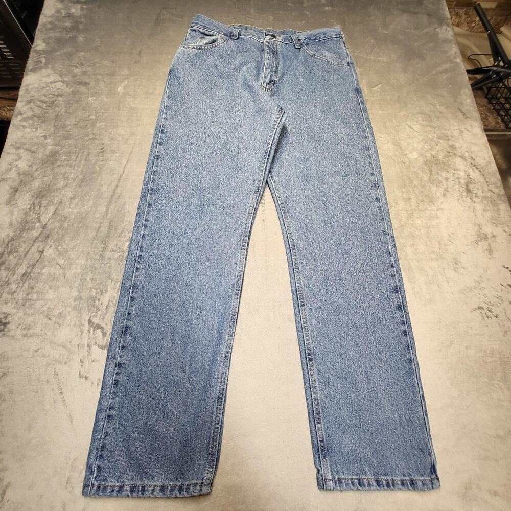 Wrangler Jeans Mens 34x32 Light Wash Blue Denim Straight Leg Zip Fly Five Pocket